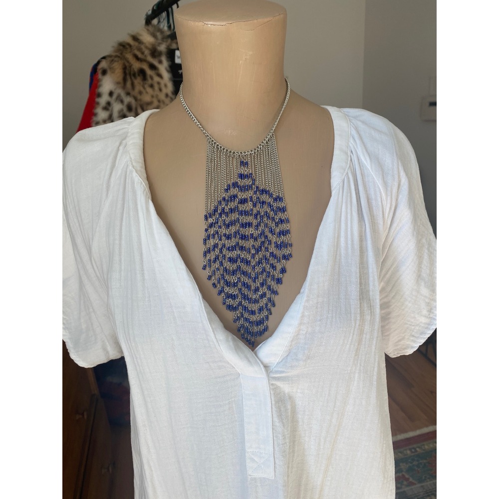 NWT - ZAD‎ Blue Beaded Waterfall Fringe Necklace Silver Tone Chain